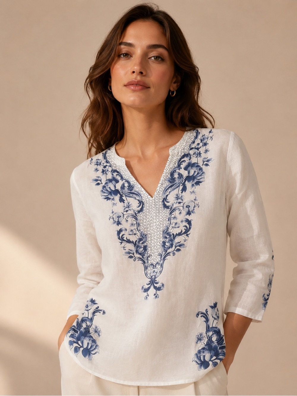 Passport White Linen Tunic with Blue Floral Embroidery